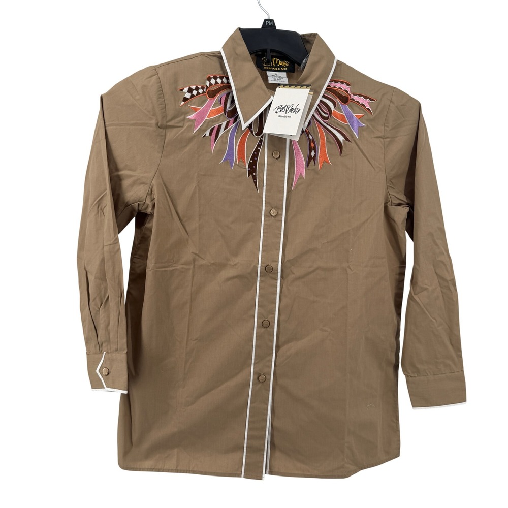 Bob Mackie Wearable Art Shirt Womens M Tan Embroidered Ribbon Button Up 8681